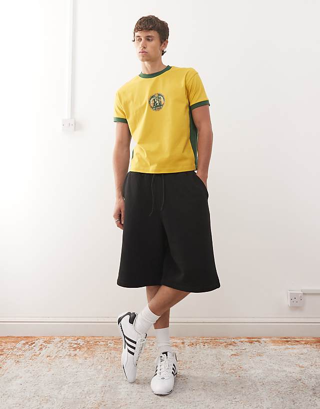 Reclaimed Vintage Cropped Boxy Ringer Tshirt With Beer Mat Graphic In Yellow And Green
