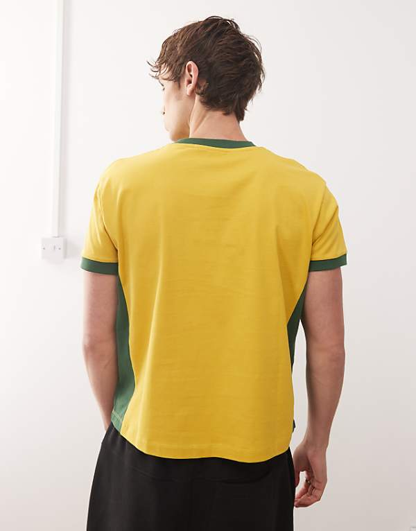 Reclaimed Vintage Cropped Boxy Ringer Tshirt With Beer Mat Graphic In Yellow And Green