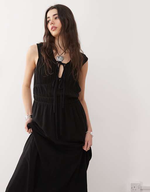 Reclaimed Vintage Linen Blend Maxi Sundress With Ruching And Ties In Black