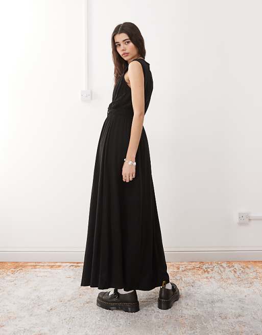 Reclaimed Vintage Linen Blend Maxi Sundress With Ruching And Ties In Black