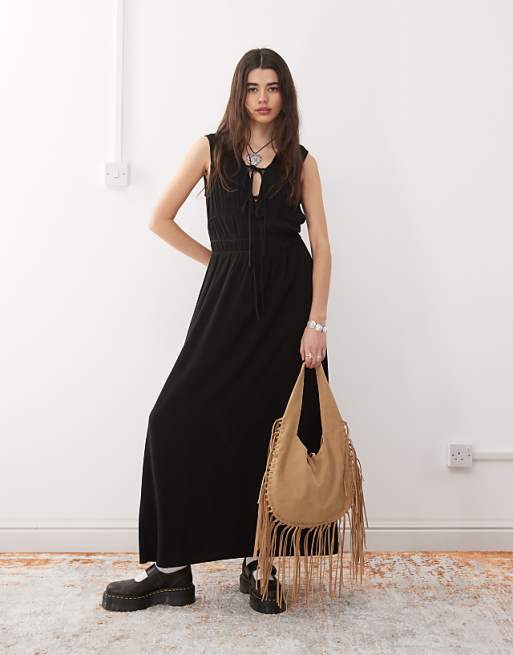 Reclaimed Vintage linen blend maxi sundress with ruching and ties in black