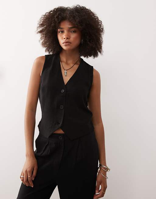 Reclaimed Vintage Linen Blend Waistcoat In Black