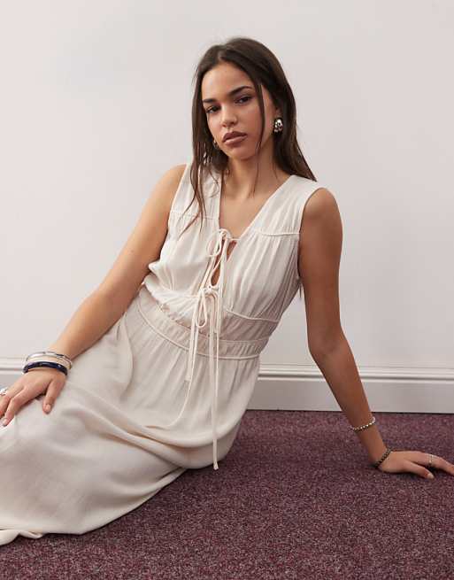 Reclaimed Vintage Maxi Linen Blend Sun Dress With Ruching And Ties In Ecru