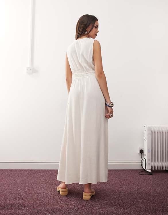 Reclaimed Vintage Maxi Linen Blend Sun Dress With Ruching And Ties In Ecru