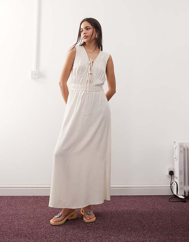 Reclaimed Vintage maxi linen blend sun dress with ruching and ties in ecru