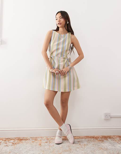 Reclaimed Vintage Mini Dress With Cutouts And Tie Sides In Linen Look Deckchair Stripe