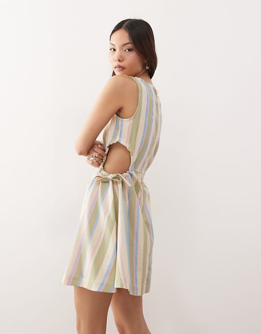 Reclaimed Vintage Mini Dress With Cutouts And Tie Sides In Linen Look Deckchair Stripe