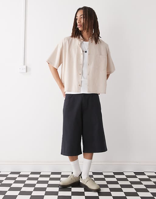 Reclaimed Vintage Short Sleeve Boxy Shirt In Beige Pinstripe