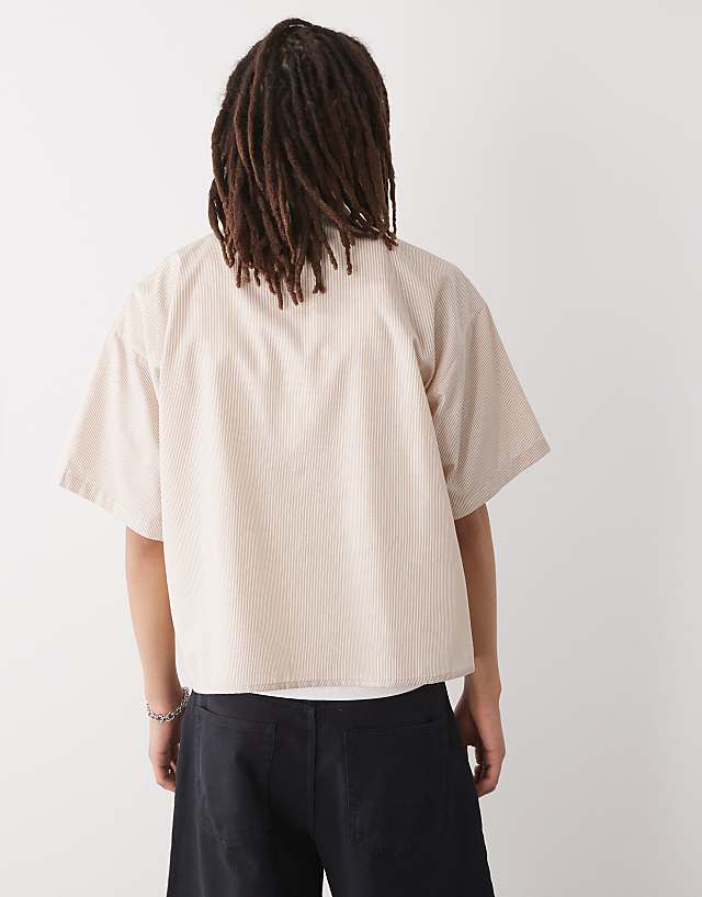 Reclaimed Vintage Short Sleeve Boxy Shirt In Beige Pinstripe