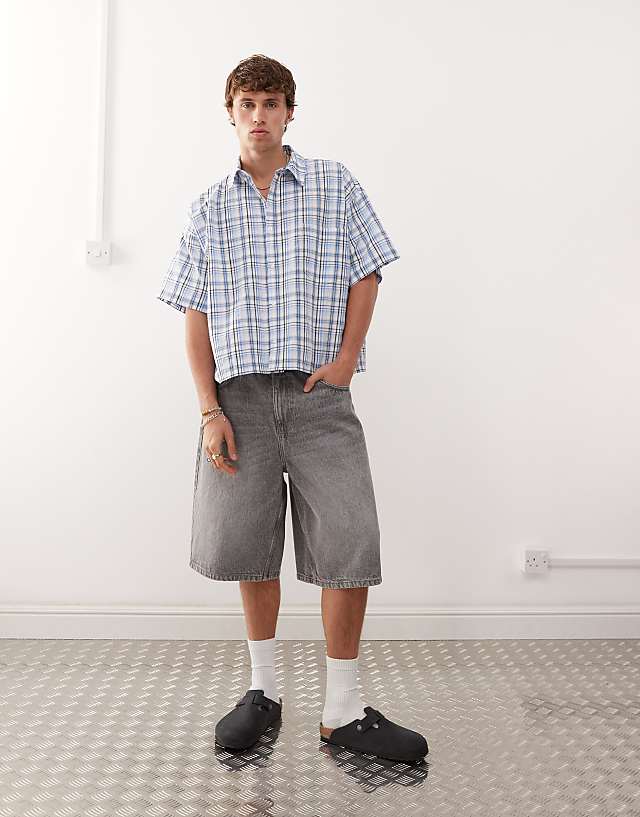 Reclaimed Vintage Short Sleeve Boxy Shirt In Blue Check