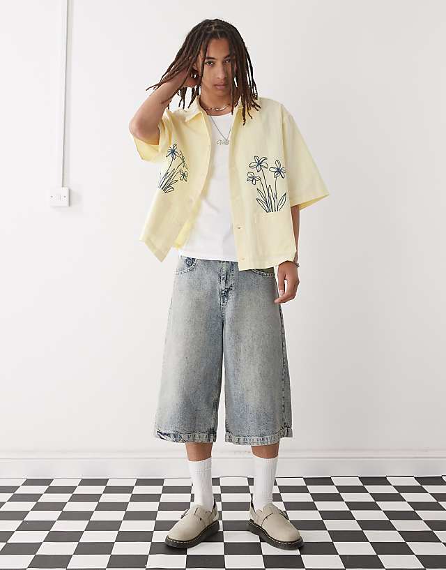 Reclaimed Vintage Short Sleeve Boxy Shirt With Floral Embroidery In Ecru