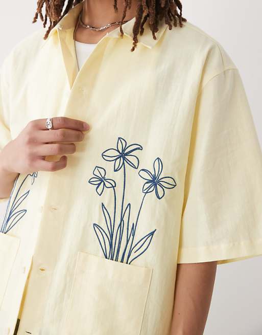 Reclaimed Vintage Short Sleeve Boxy Shirt With Floral Embroidery In Ecru