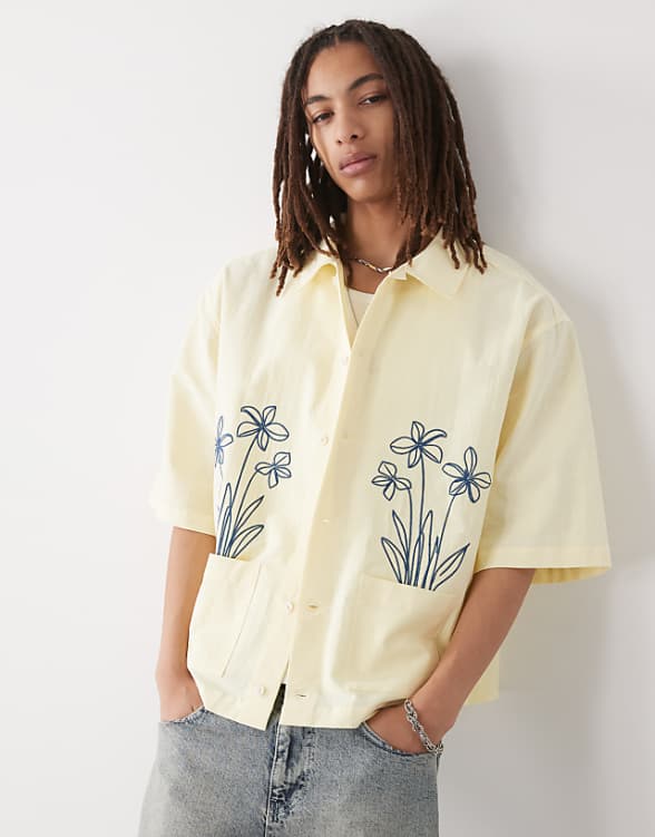 Reclaimed Vintage short sleeve boxy shirt with floral embroidery in ecru