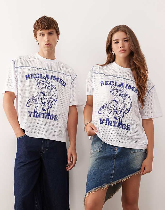 Reclaimed Vintage unisex airtex western graphic printed boxy t-shirt in white