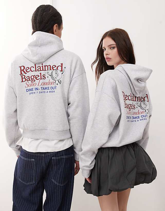 Reclaimed Vintage unisex boxy hoodie with back graphic print in grey marl