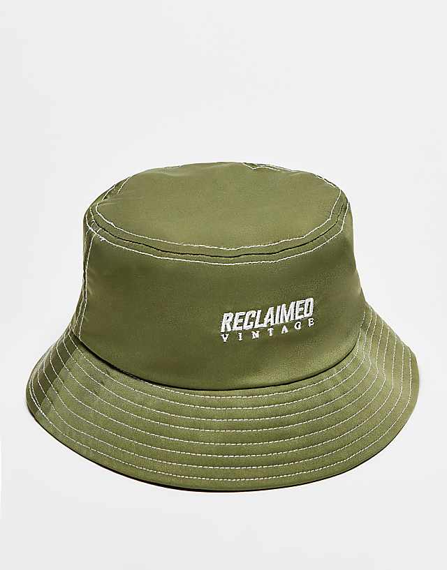 Reclaimed Vintage unisex nylon logo bucket hat in khaki