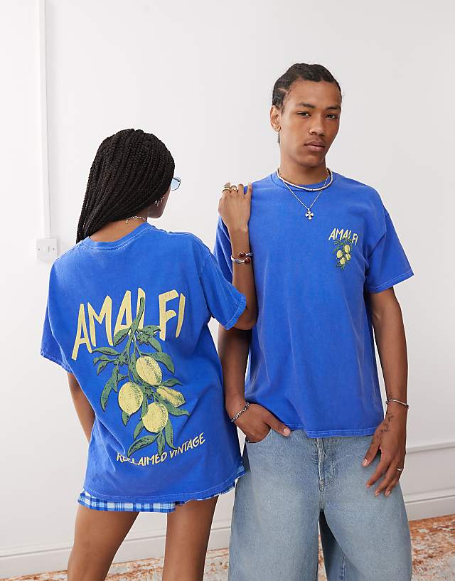 Reclaimed Vintage Unisex Oversized T-shirt With Amalfi Lemon Print In Blue