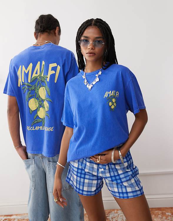 Reclaimed Vintage unisex oversized t-shirt with Amalfi lemon print in blue