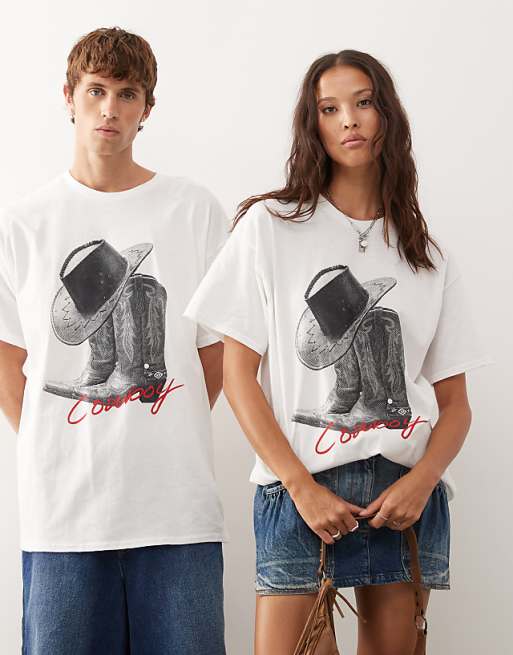 Reclaimed Vintage unisex oversized t-shirt with cowboy boot print in white