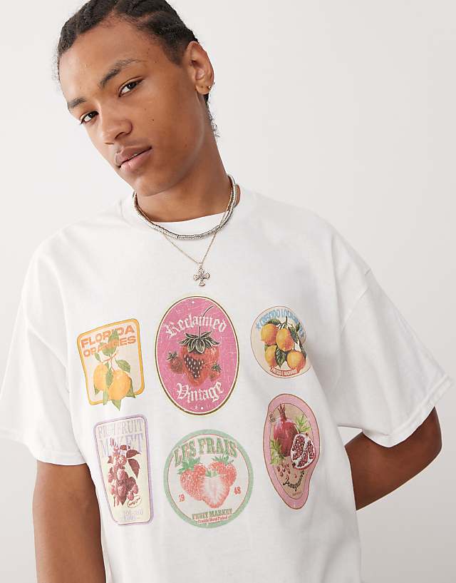 Reclaimed Vintage Unisex Oversized T-shirt With Fruit Sticker Print In White