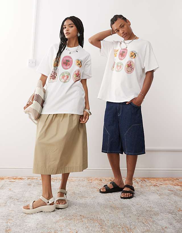 Reclaimed Vintage Unisex Oversized T-shirt With Fruit Sticker Print In White