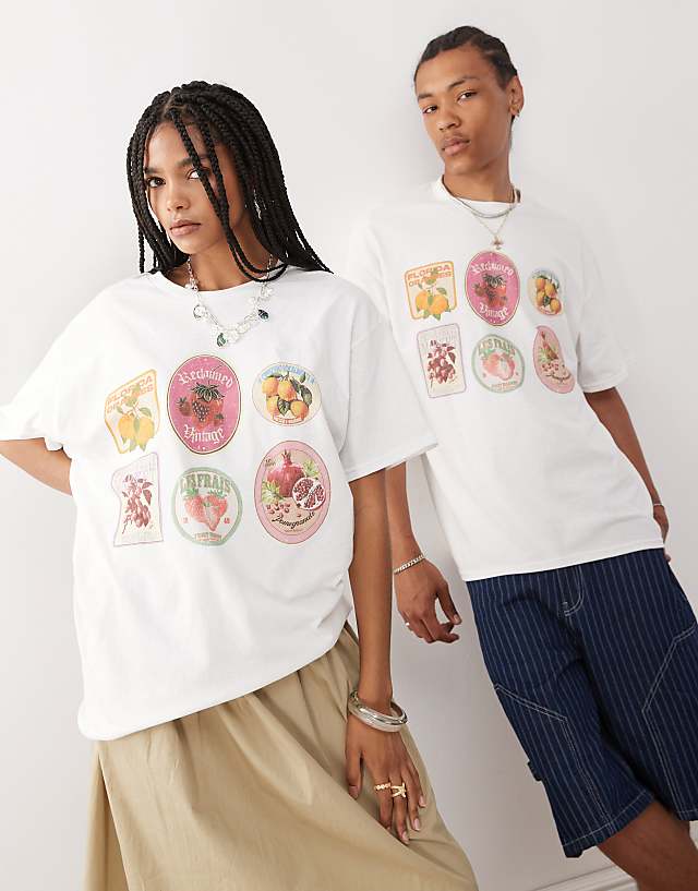 Reclaimed Vintage unisex oversized t-shirt with fruit sticker print in white