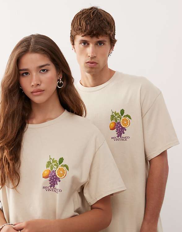 Reclaimed Vintage unisex oversized t-shirt with fruit graphic print in stone