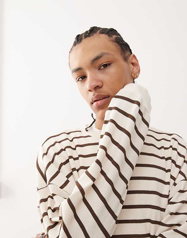 Reclaimed Vintage Unisex Waffle Textured Sweat In Cream And Brown Stripe