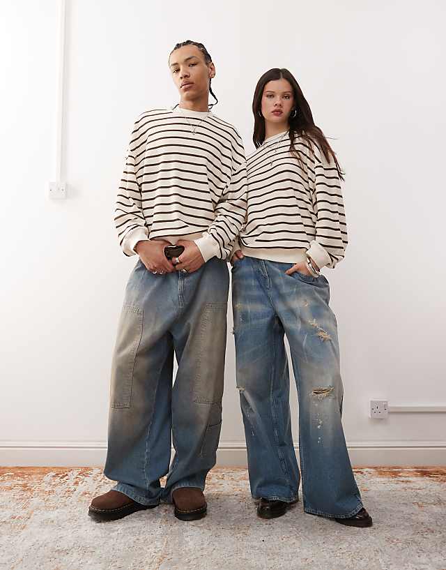 Reclaimed Vintage Unisex Waffle Textured Sweat In Cream And Brown Stripe