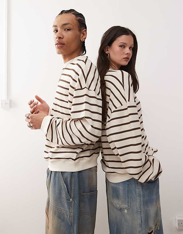 Reclaimed Vintage unisex waffle textured sweat in cream and brown stripe