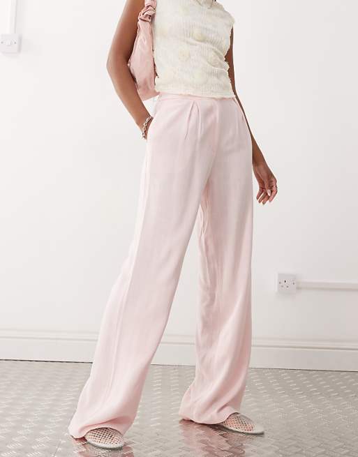 Reclaimed Vintage Wide Leg Relaxed Linen Blend Trouser In Pink