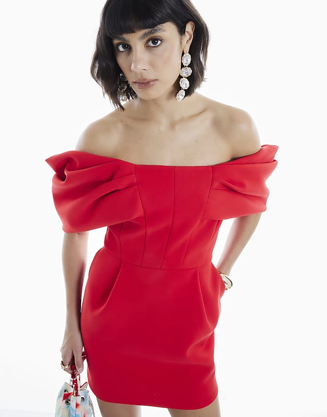 River Island Bonded Crepe Structured Bardot Mini Dress In Red