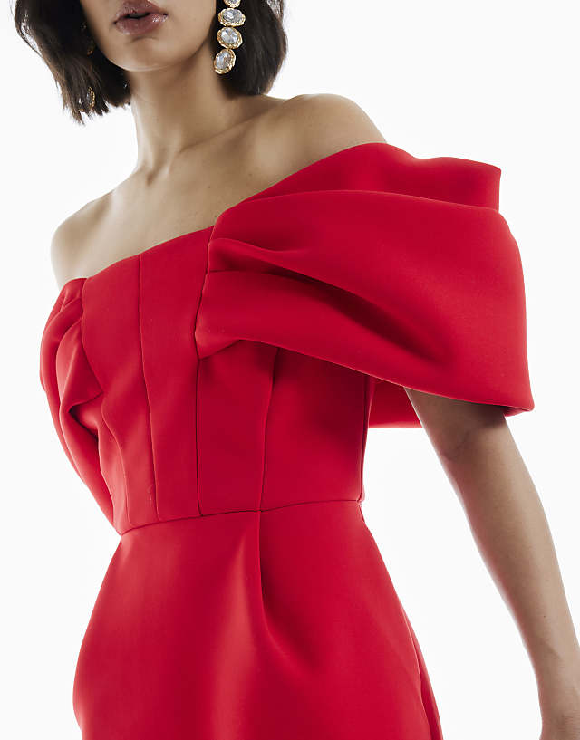 River Island Bonded Crepe Structured Bardot Mini Dress In Red