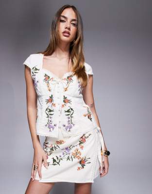 River Island Corset Floral Embroided Top Co Ord In White
