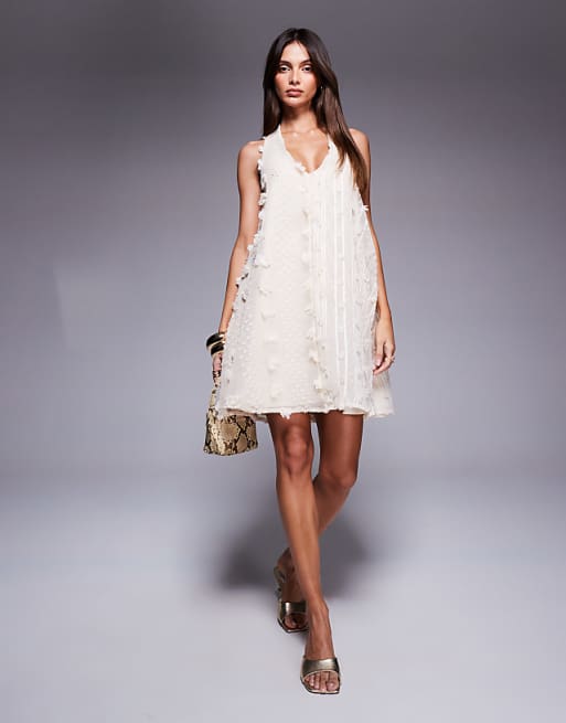 River Island Embellished Halterneck Mini Dress In Cream
