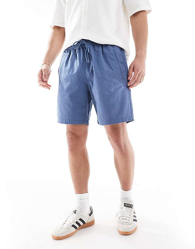 River Island Linen Look Pull On Shorts In Blue