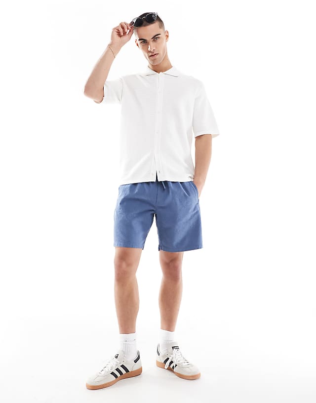 River Island Linen Look Pull On Shorts In Blue