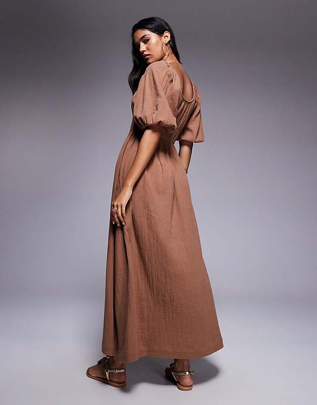 River Island Puff Sleeve Linen Look Midi Dress In Stone