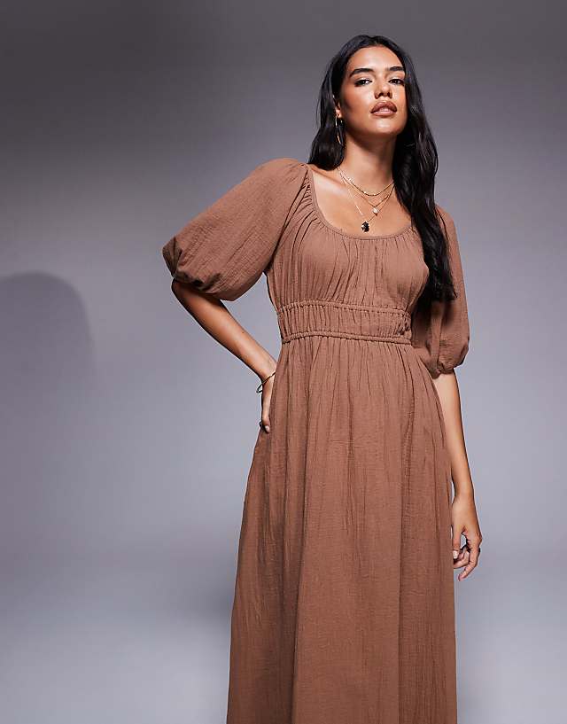 River Island Puff Sleeve Linen Look Midi Dress In Stone