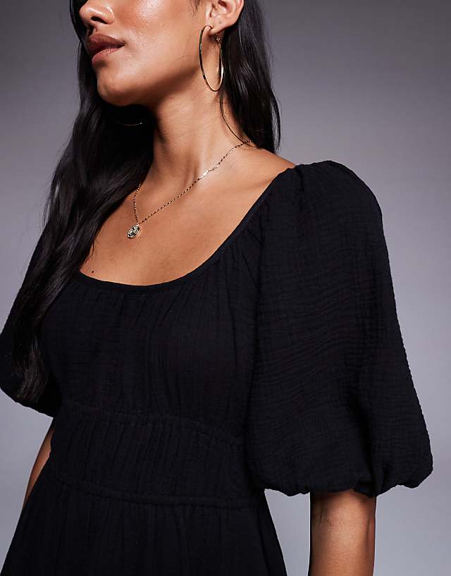 River Island Puff Sleeve Linen Look Midi Dress In Black