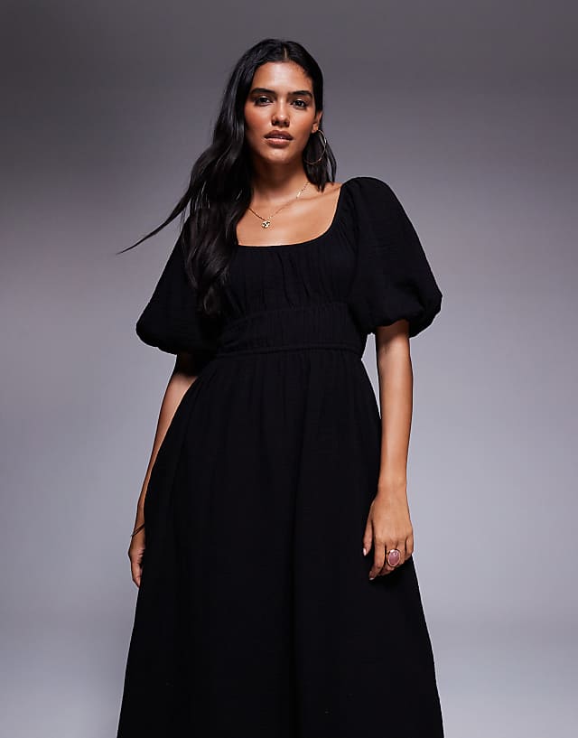 River Island Puff Sleeve Linen Look Midi Dress In Black