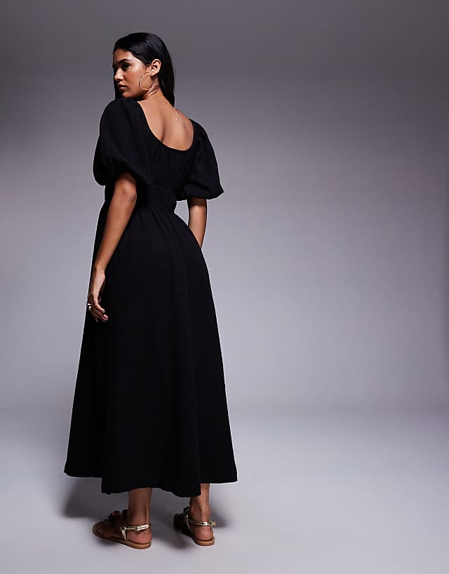 River Island Puff Sleeve Linen Look Midi Dress In Black