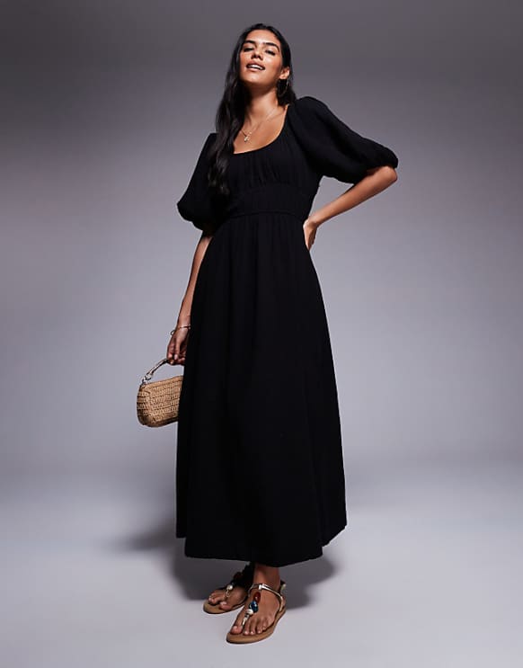 River Island puff sleeve linen look midi dress in black