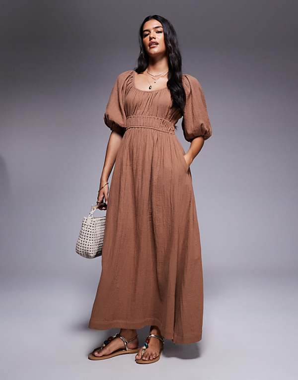River Island puff sleeve linen look midi dress in stone