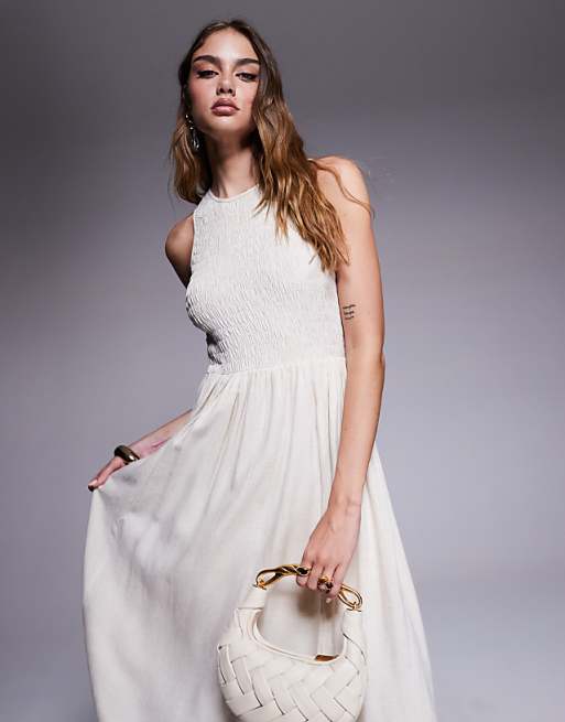 River Island Puffball Linen Midi Dress In Cream