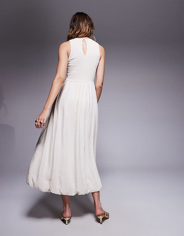 River Island Puffball Linen Midi Dress In Cream