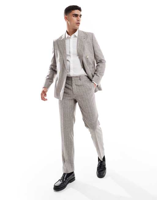 River Island Slim Linen Suit In Grey Pinstripe