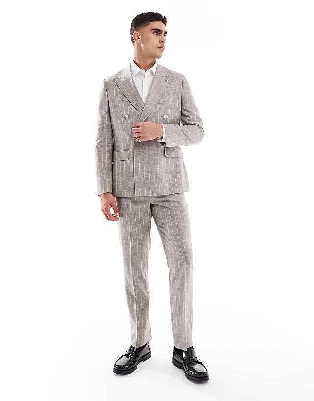River Island Slim Linen Suit In Grey Pinstripe