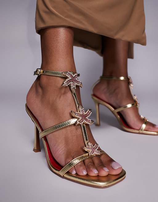 River Island Starfish Detail Heeled Sandal In Gold