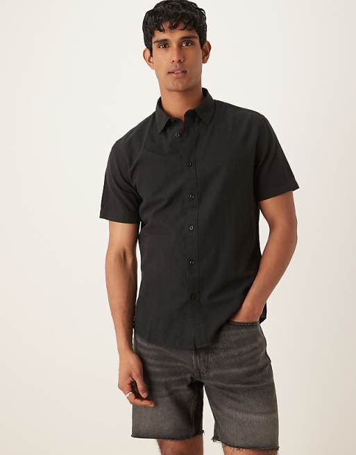 Selected homme linen blend short sleeve shirt in black